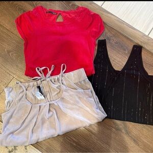 Red, Black, and Beige Tops Set